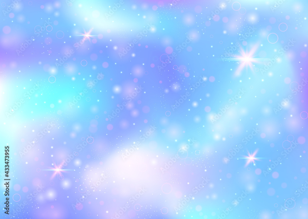 Fairy background with rainbow mesh. Kawaii universe banner in princess colors. Fantasy gradient backdrop with hologram. Holographic fairy background with magic sparkles, stars and blurs. Fairy background with rainbow mesh. Kawaii universe banner in princess colors. Fantasy gradient backdrop with hologram. Holographic fairy background with magic sparkles, stars and blurs.