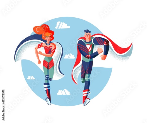 Female and male superheroes in costumes running. Super characters with capes vector illustration. Cartoon comic book woman and man on blue sky background. Brave girl and boy hurrying to save people
