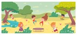 Happy kids playing in park on summer day. Children having fun with friends on holiday vacation. Group of cute boys and girls on playground. Outdoor activities in nature vector illustration.