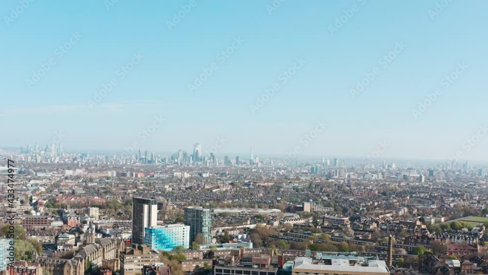 Aerial slider drone shot of central London skyline from archway upper Holloway Aerial slider drone shot of central London skyline from archway upper Holloway