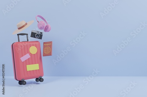 Traveling stuffs isolated on blue background. Luggage suitcase, camera, passport, headphone, beach hat in 3d rendering 