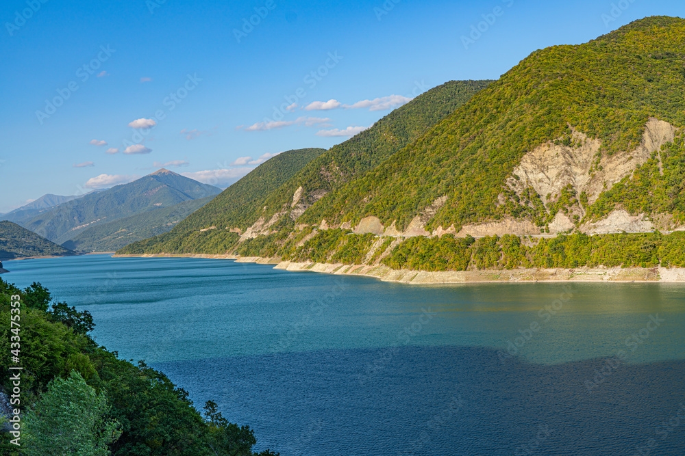 Zhinvali reservoir in summer in Georgia