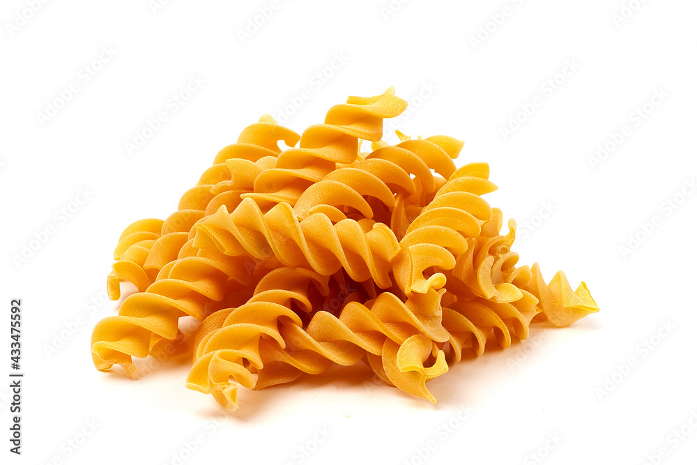 Raw fusilli pasta, large, on a white background, horizontal, no people, Raw fusilli pasta, large, on a white background, horizontal, no people,