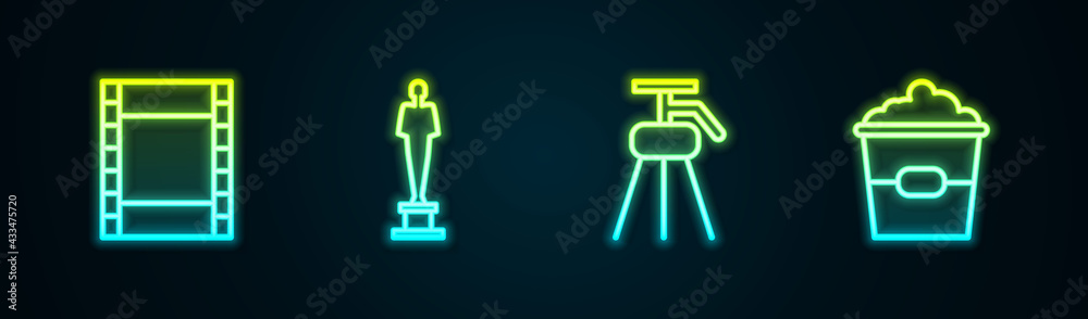 Set line Play Video, Movie trophy, Tripod and Popcorn in box. Glowing neon icon. Vector Set line Play Video, Movie trophy, Tripod and Popcorn in box. Glowing neon icon. Vector