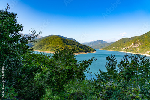Zhinvali reservoir in summer in Georgia
