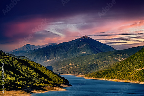 Zhinvali reservoir in summer in Georgia