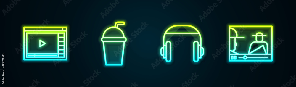 Set line Online play video, Paper glass with straw, Headphones and . Glowing neon icon. Vector Set line Online play video, Paper glass with straw, Headphones and . Glowing neon icon. Vector