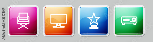Set line Director movie chair, Smart Tv, Movie trophy and Movie, film, media projector. Colorful square button. Vector