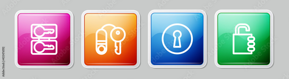 Set line Casting keys, House with, Keyhole and Safe combination lock. Colorful square button. Vector Set line Casting keys, House with, Keyhole and Safe combination lock. Colorful square button. Vector