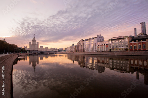 Dawn in Moscow. Skyscraper on Kotelnicheskaya. Moscow river. Architecture.
