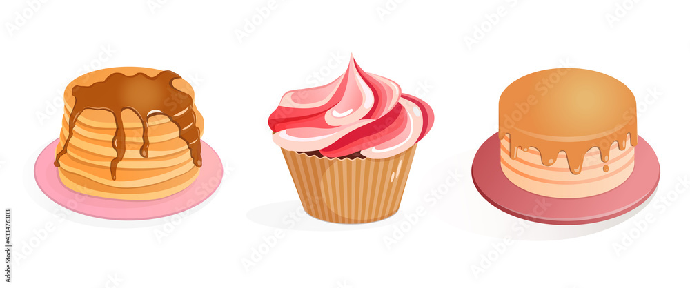 Set of pancakes, cupcake, muffin and cake. Vector cartoon illustrations isolated on white background. Baking and sweets