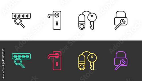 Set line Password protection, Door handle, House with key and Lock repair on black and white. Vector