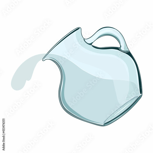 A glass jug. Water pours from a jug. Liquid dishes. Glass. Isolated, white. Vector