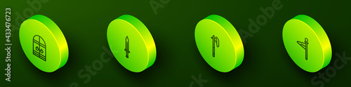 Set Isometric line Medieval castle gate, sword, axe and flag icon. Vector
