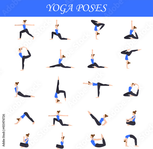 Yoga poses with different asanas done by young girl wearing blue sports dress