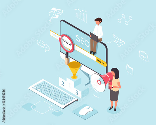 Development of Seo technologies on the Internet, website optimization, vector illustration, isometry