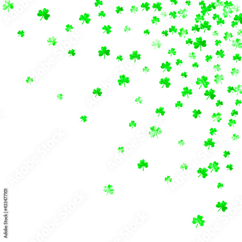 Saint patricks day background with shamrock. Lucky trefoil confetti. Glitter frame of clover leaves. Template for voucher, special business ad, banner. Greeting saint patricks day backdrop.