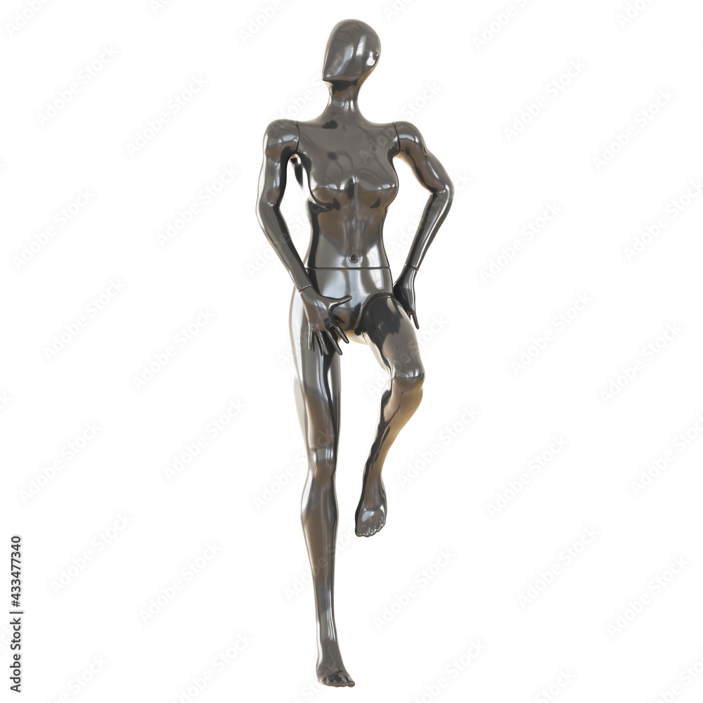 Female black abstract mannequin stands on one leg on a white background. 3d rendering Female black abstract mannequin stands on one leg on a white background. 3d rendering
