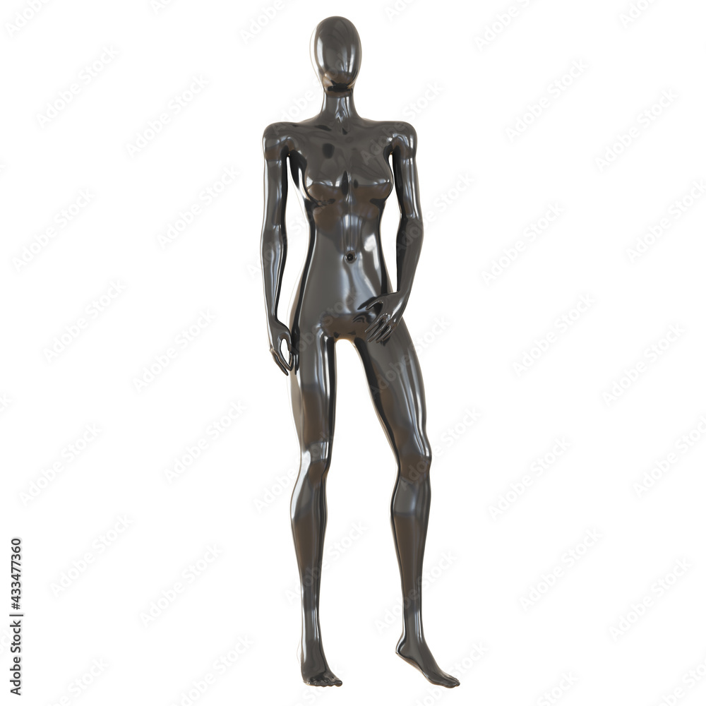 A female black faceless mannequin stands in a relaxed pose on a white background. 3d rendering A female black faceless mannequin stands in a relaxed pose on a white background. 3d rendering