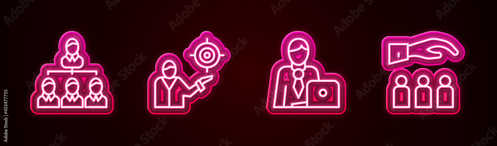 Set line Hierarchy organogram chart, Marketing target strategy, Businessman and Boss with employee. Glowing neon icon. Vector