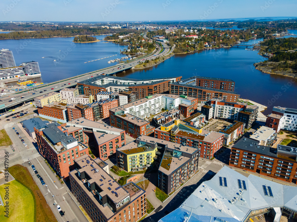 Aerial view of Helsinki city. Sky and colorful buildings

