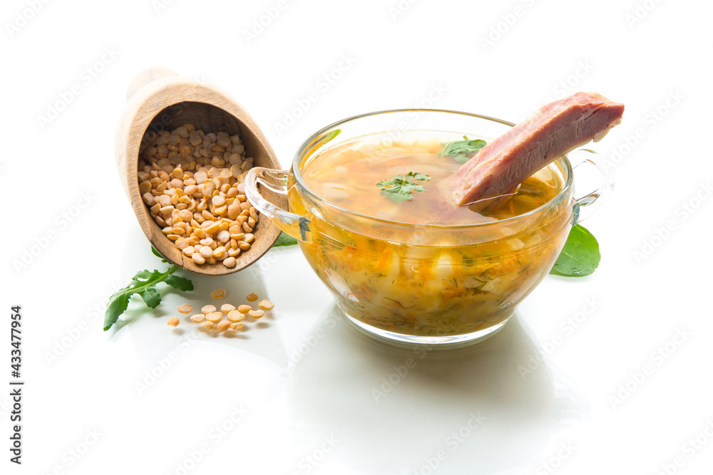 cooked smoked pea soup with ribs in a plate cooked smoked pea soup with ribs in a plate