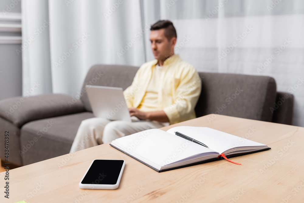selective focus of empty notebook and cellphone with blank screen near freelancer working on blurred background selective focus of empty notebook and cellphone with blank screen near freelancer working on blurred background