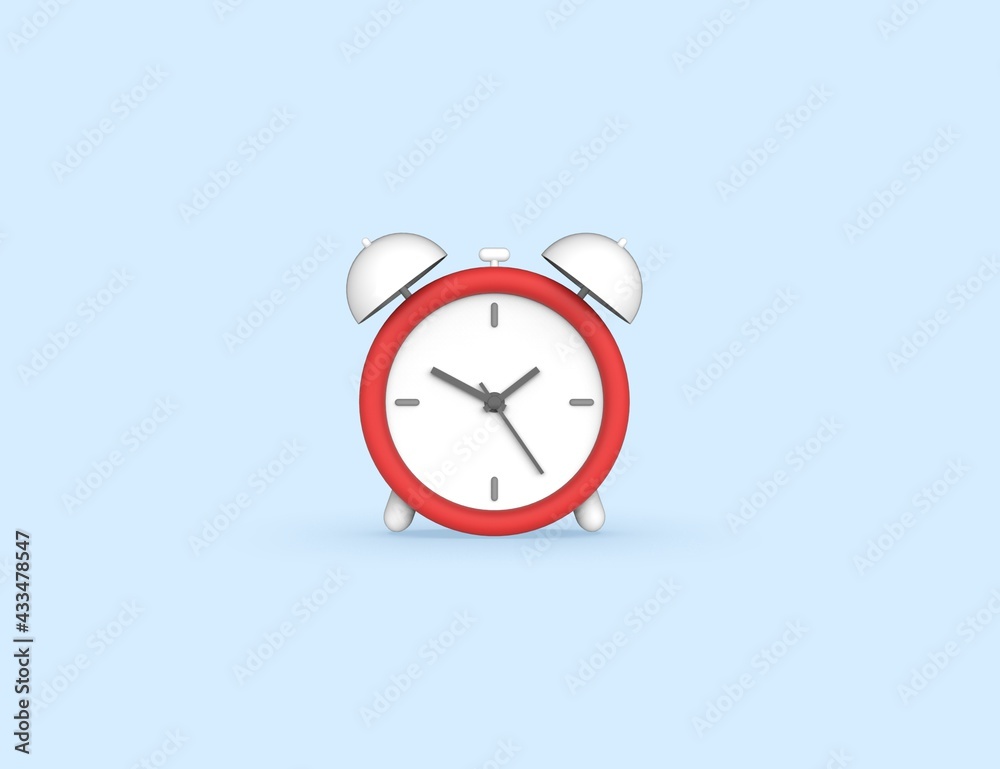 Red alarm clock isolated blue background. 3D render model design. Red alarm clock isolated blue background. 3D render model design.