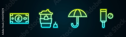 Set line Pound sterling money, Coffee cup to go, Umbrella and Wood cricket bat and ball. Glowing neon icon. Vector