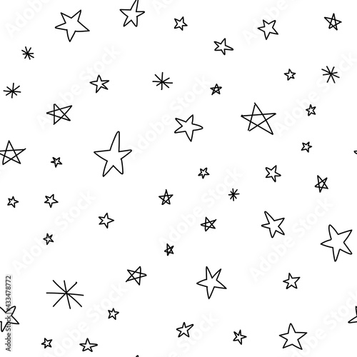 Hand drawn stars seamless pattern. Monochrome texture background of star doodle illustrations.