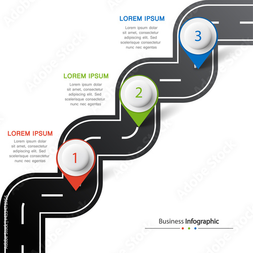 Vector road infographic with pin pointer. Timeline template with 4 markers on a curved road line.