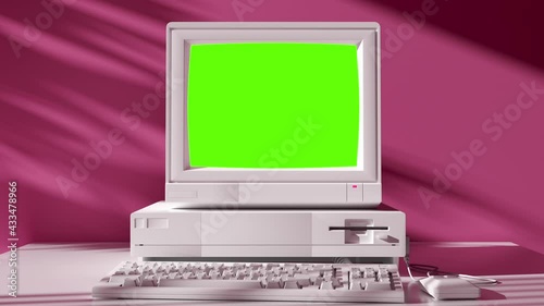 90s Style Old School Computer with Green Screen Technology. Retro Pc Computing Machine Element Indoors Home with Alpha Channel. Mockup Graphics Obsolete Hardware Tech in 1980s. Workspace Video Shot 4k photo