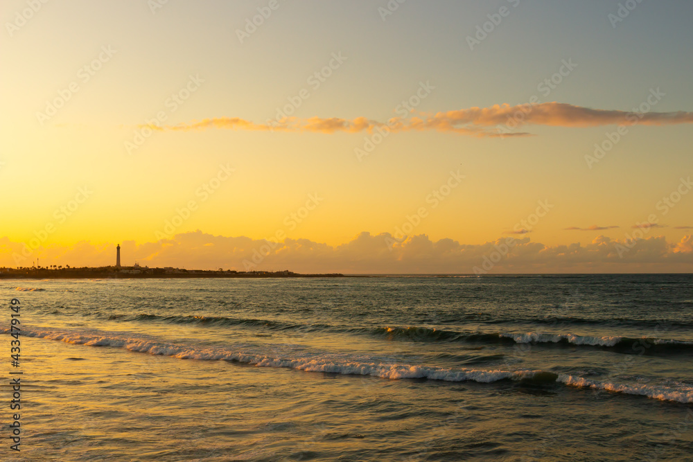 golden sunset over the Atlantic Ocean in Casablanca, Morocco