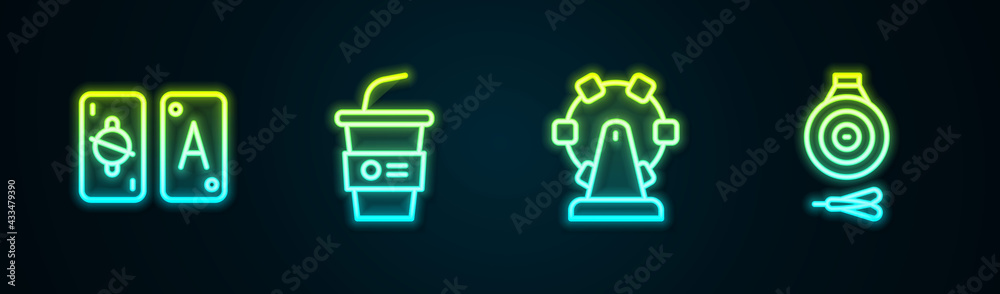 Set line Tarot cards, Paper glass with water, Ferris wheel and Classic dart board and arrow. Glowing neon icon. Vector Set line Tarot cards, Paper glass with water, Ferris wheel and Classic dart board and arrow. Glowing neon icon. Vector