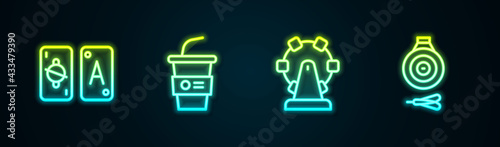 Set line Tarot cards, Paper glass with water, Ferris wheel and Classic dart board and arrow. Glowing neon icon. Vector