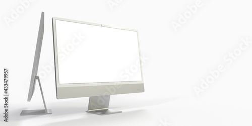 Computer display with blank white screen 3d. photo