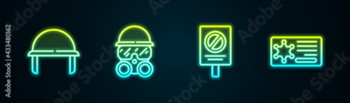 Set line Military helmet, Gas mask, Protest and Police badge. Glowing neon icon. Vector