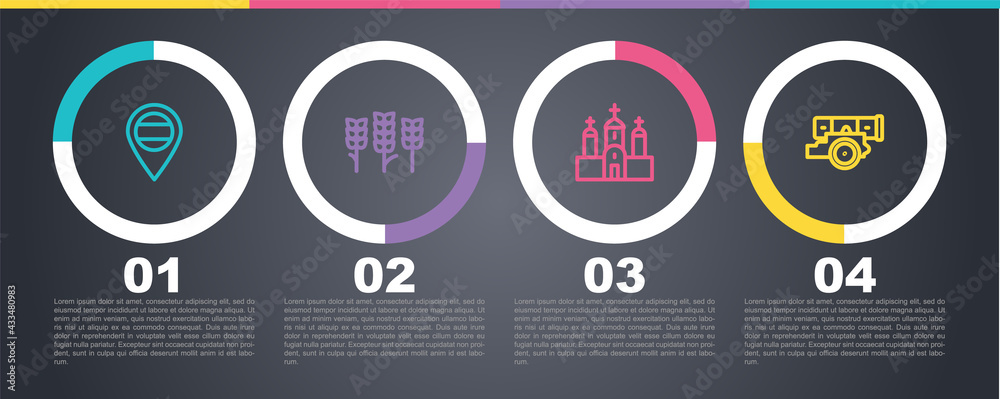 Set line Location Russia, Wheat, Church building and Cannon. Business infographic template. Vector Set line Location Russia, Wheat, Church building and Cannon. Business infographic template. Vector