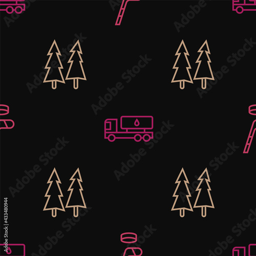Set line Ice hockey stick and puck, Christmas tree and Tanker truck on seamless pattern. Vector