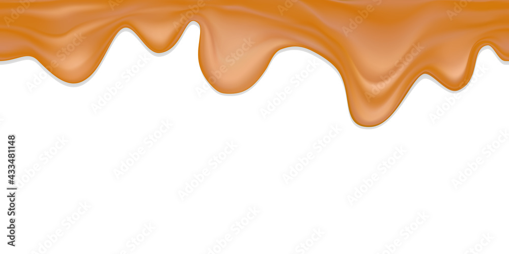 Seamless realistic vector border of liquid caramel.Boiled condensed milk with shadow isolated on white background.