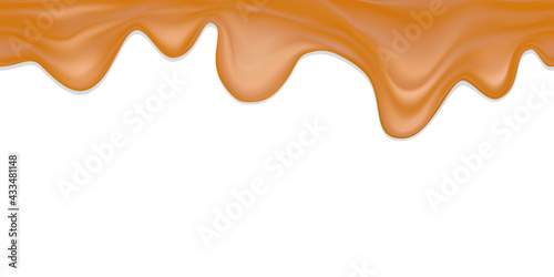 Seamless realistic vector border of liquid caramel.Boiled condensed milk with shadow isolated on white background.