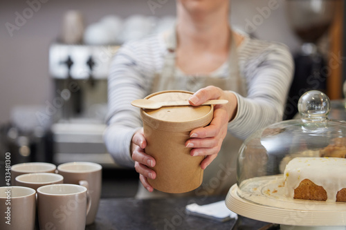 Close Up Of Female Worker in Cafe Serving Meal In Sustainable Recyclable Packaging With Wooden Spoon photo