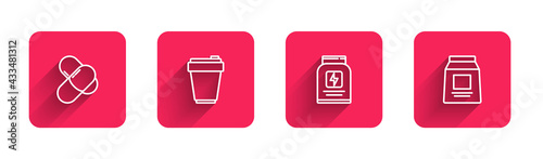 Set line Sports nutrition, Fitness shaker, and with long shadow. Red square button. Vector