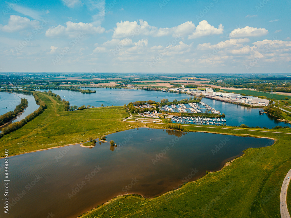 aerial drone shot of the watery landscape in the Netherlands