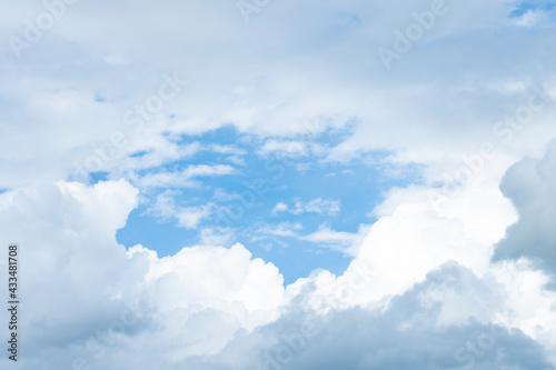 Stunning view of a blue sky with some fluffy clouds. Aerial shoot  natural background with copy space.