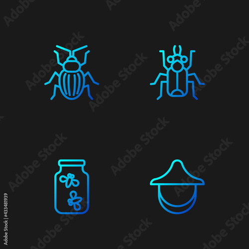 Set line Beekeeper hat, Fireflies bugs in jar, Chafer beetle and Beetle. Gradient color icons. Vector