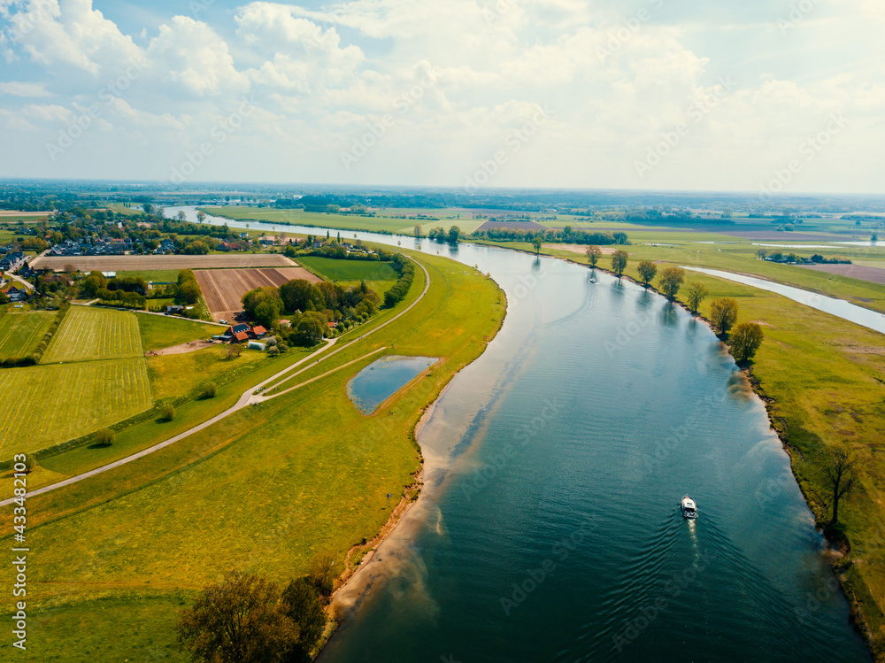 Aerial drone view of the river in the Netherlands