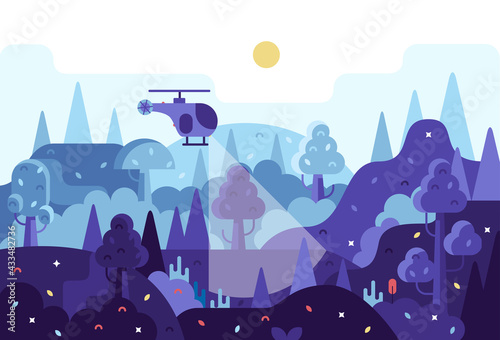 Helicopter flies at night and search for a criminal or a lost tourist. Vector cartoon panorama illustration in flat cartoon stile