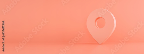 Location pin map 3 d render over pink background, navigation symbol, panoramic mock-up image