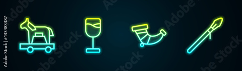 Set line Trojan horse, Wine glass, Hunting horn and Medieval spear. Glowing neon icon. Vector